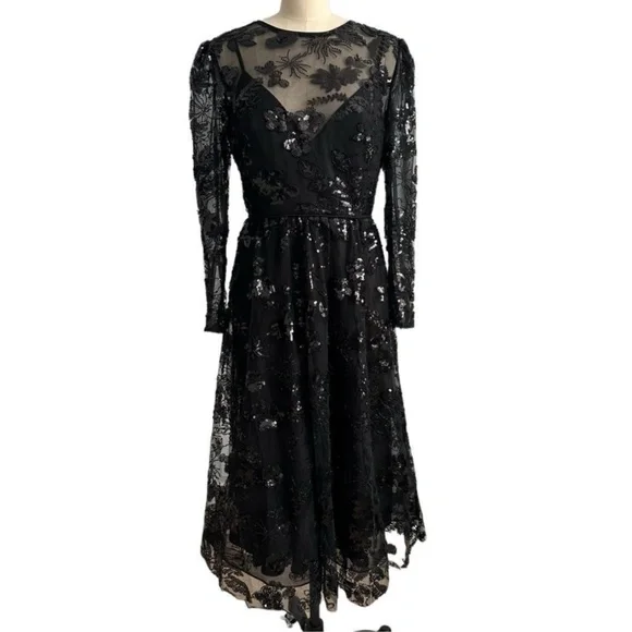 Mac Duggal 67951Black Embellished Illusion Long Sleeve Midi Dress